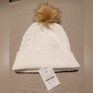 J.Crew White Cable Knit Beanie with Faux Fur Pom